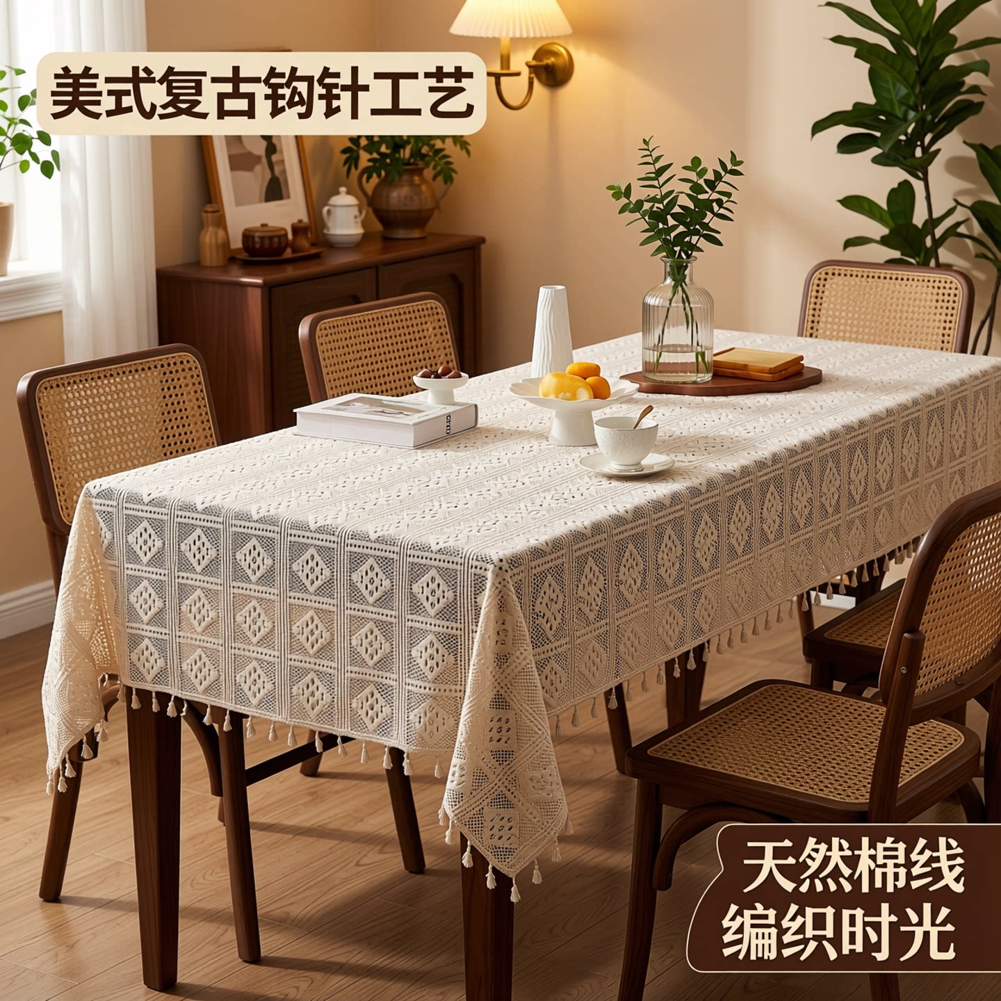美式复古钩针桌巾长条棉线编织防尘盖布餐厅长方形电视柜镂空桌布