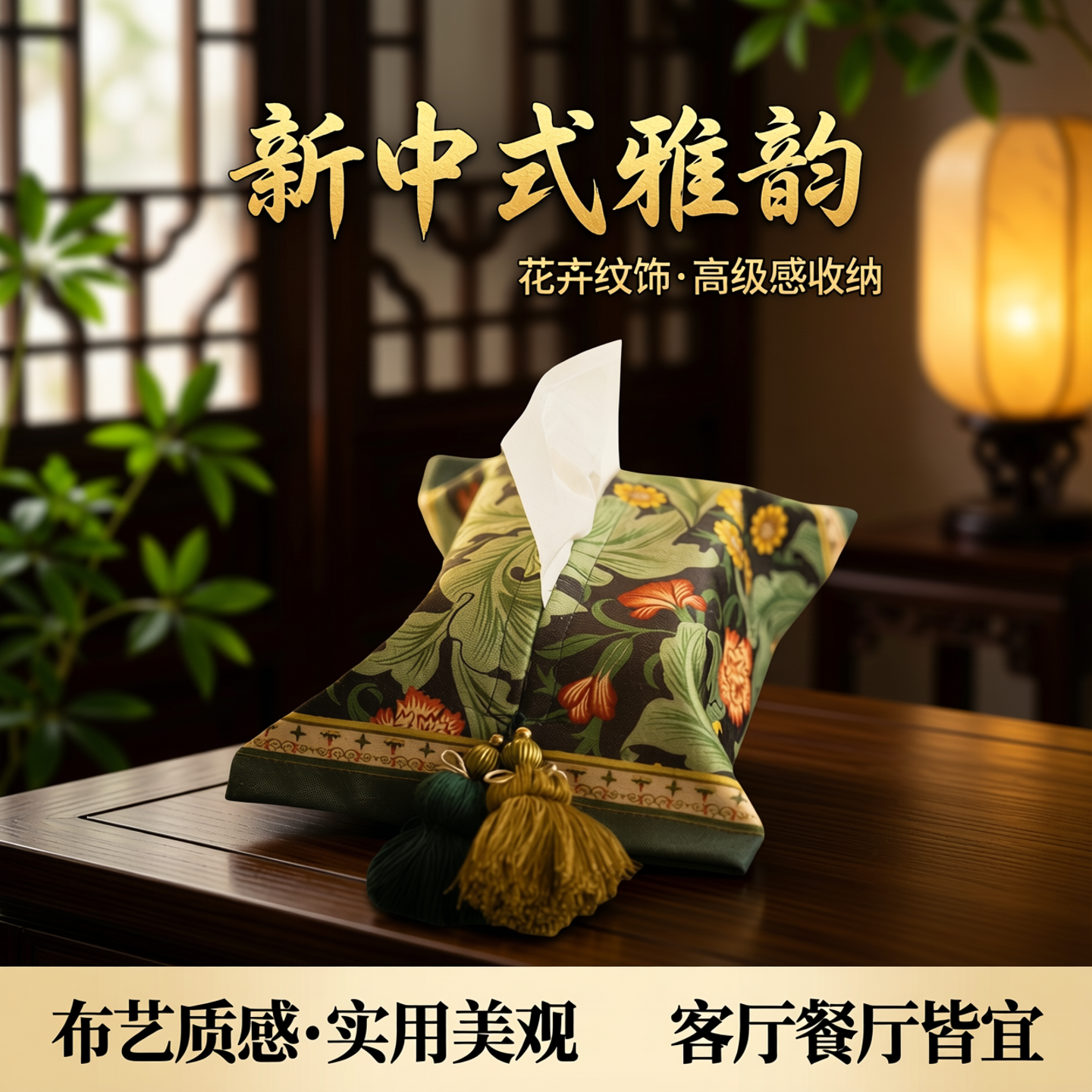 新中式纸巾盒布艺家用桌面收纳餐厅纸巾盒客厅高级感花卉抽纸袋包