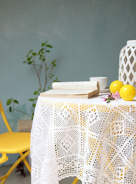 ins北欧美式乡村针织白色钩针桌布镂空麻棉桌布茶几餐桌台布盖巾