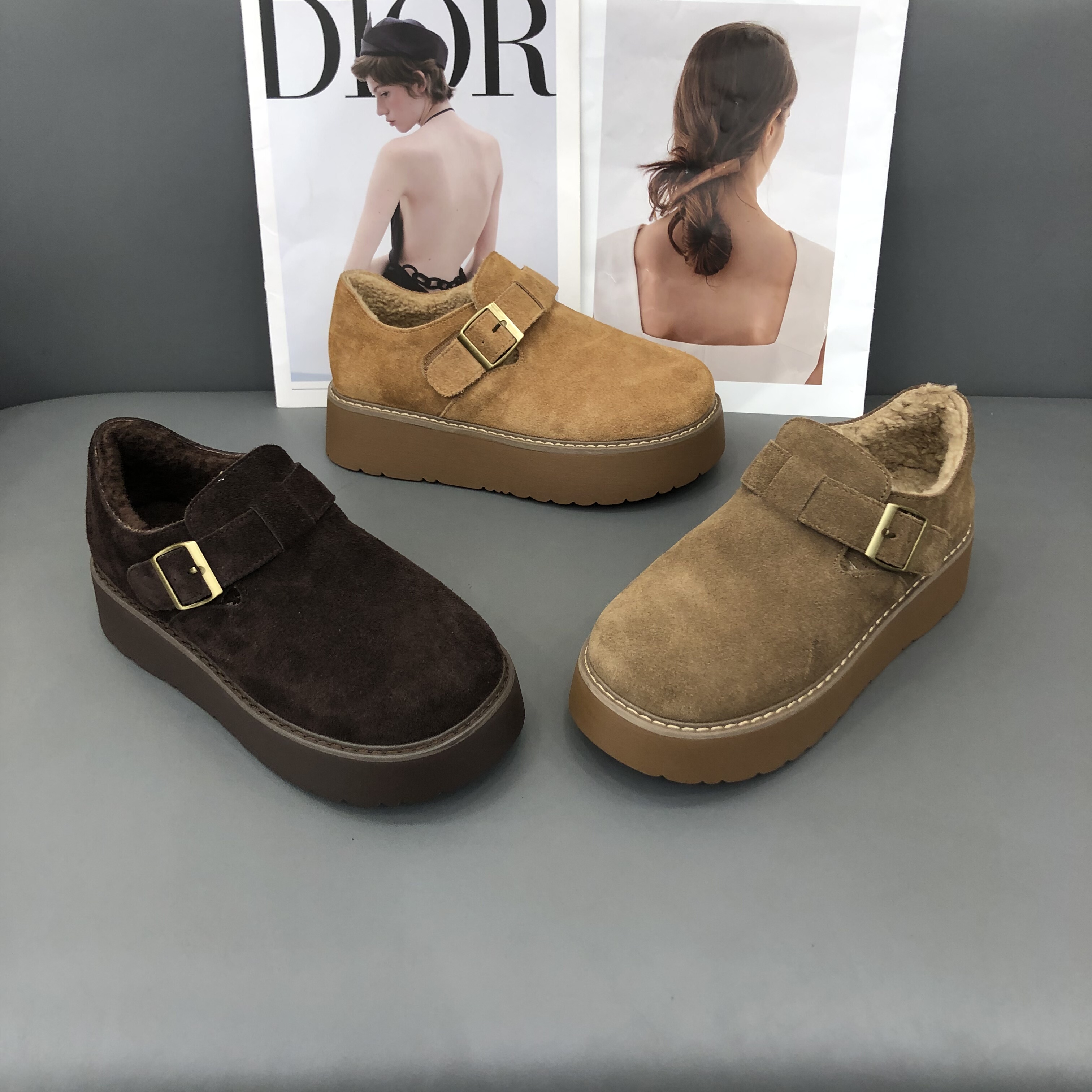 欧乐琳真皮加绒勃肯鞋女2025冬季厚底磨砂复古风百搭保暖女棉鞋