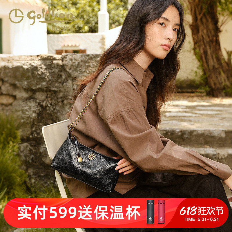 金利来轻奢单肩包女新款链条时尚小众油蜡真皮斜挎包百搭腋下包潮