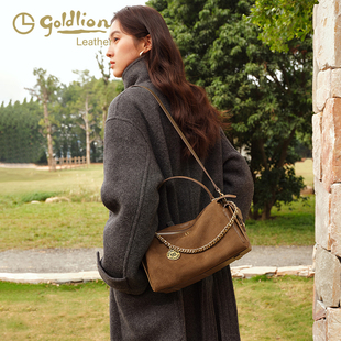 金利来时尚女包商场同款复古卡其波士顿手提包轻奢牛皮单肩斜挎包