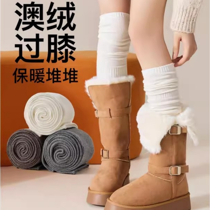 过膝袜子女款秋冬加绒加厚堆堆袜显瘦防滑大腿袜黑白色澳绒配靴子
