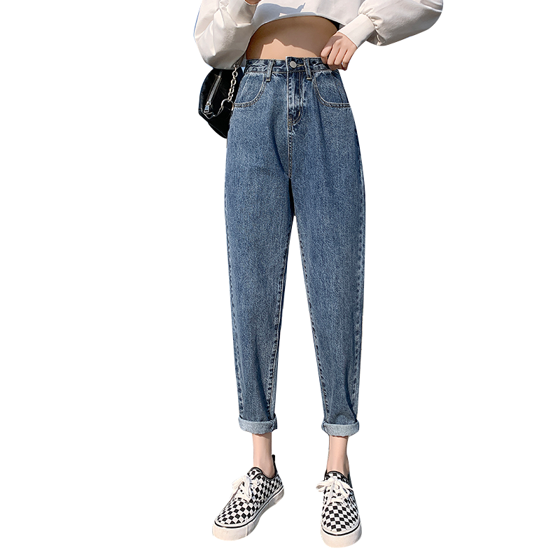 寬松直筒牛仔褲女春季女生學(xué)生新款高腰顯瘦老爹哈倫蘿卜褲九分褲