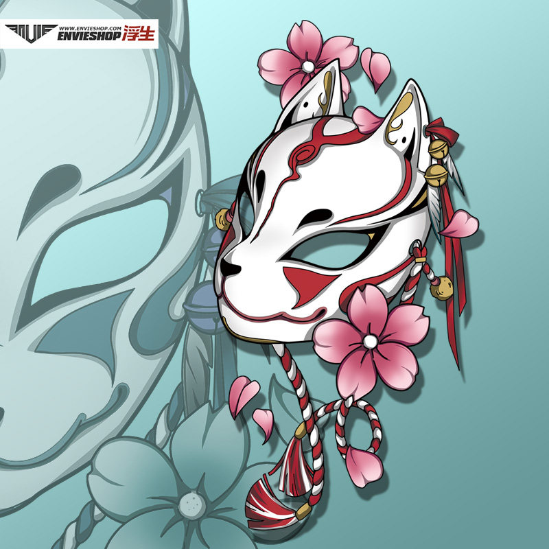 狐狸面具车贴日系和风狐妖樱花贴纸划痕动漫贴电动摩托车汽车装饰