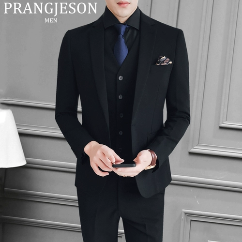 Демисезонный пиджак классического кроя, мужской комплект, свадебное платье, костюм, в корейском стиле, 3 предмета, облегающий крой
