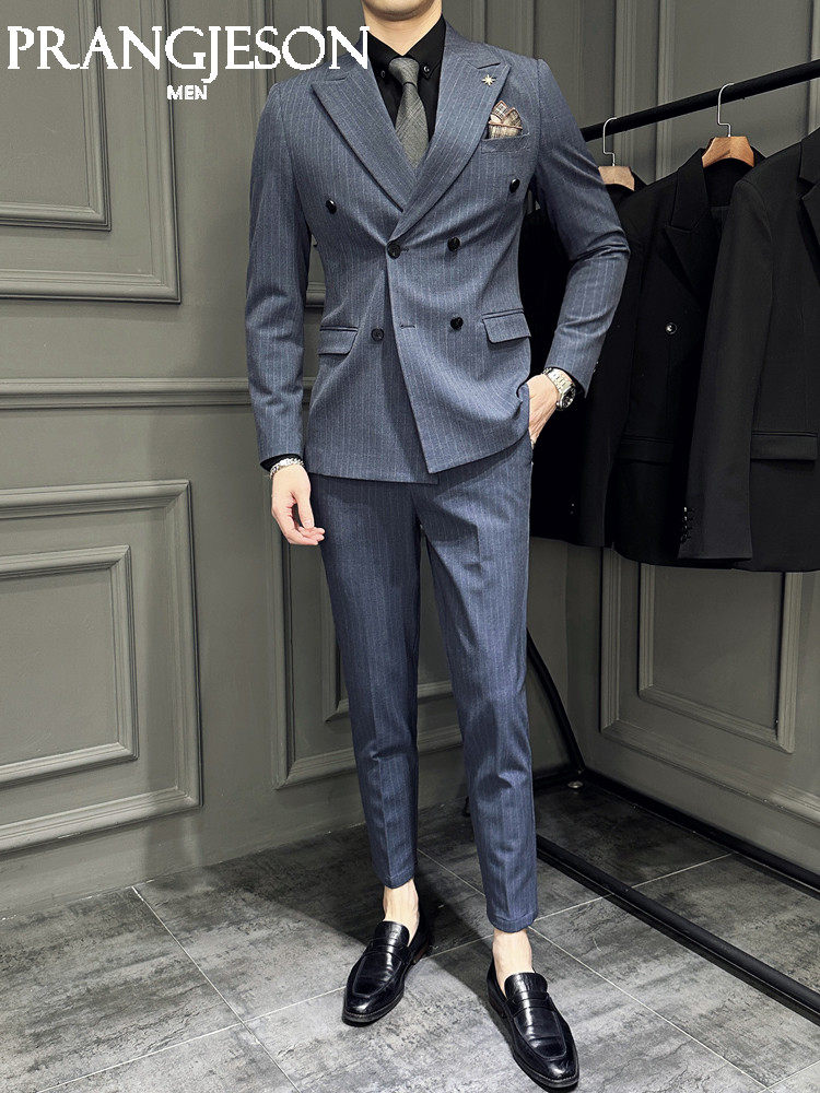 STRIPED DOUBLE-BREASTED SUITS MENS SUITS BUSINESS CASUAL FORMAL WEAR BRITISH STYLE FASHION HIGH-END WEDDING GROOM SUITS
