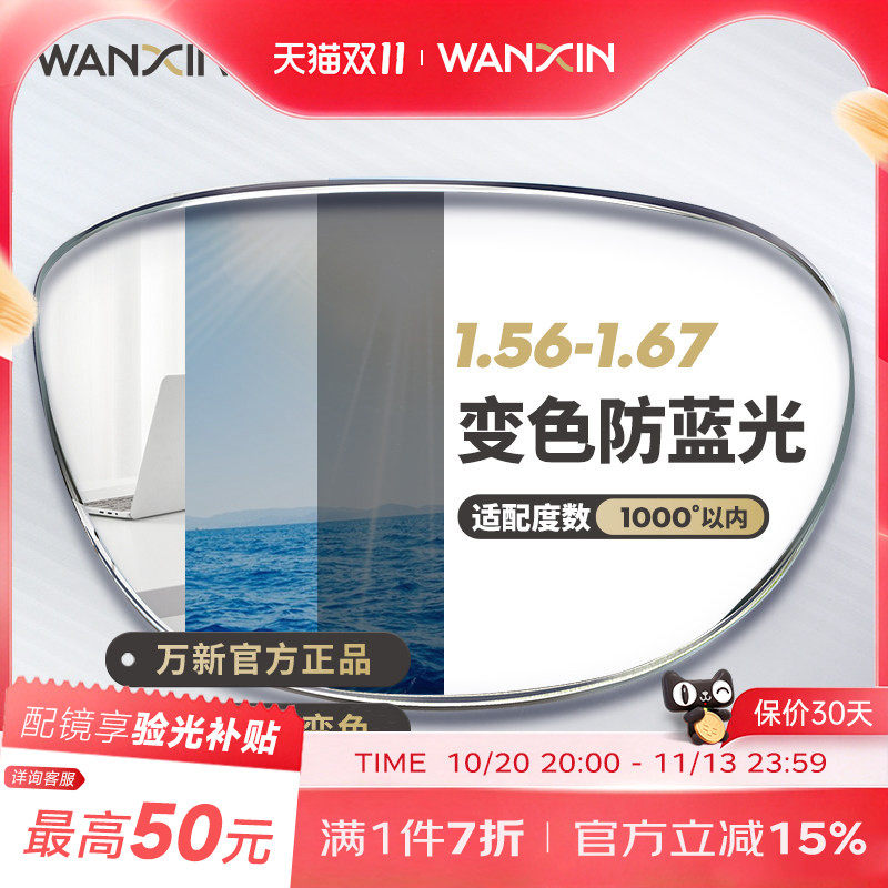 万新防蓝光变色近视镜片自动感光变色抗紫外线辐射可配无度数眼镜