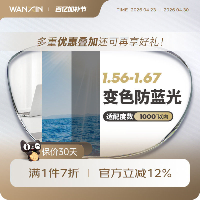 万新防蓝光变色近视镜片自动感光变色抗紫外线辐射可配无度数眼镜