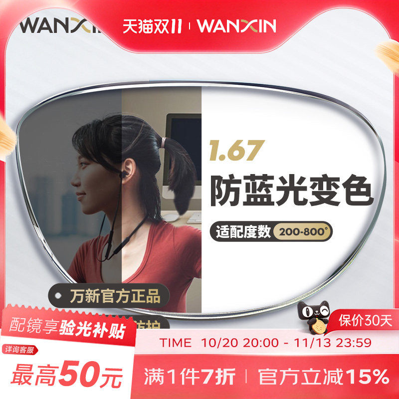 万新防蓝光变色镜片自动感光变色非球面1.67超薄近视眼镜官方旗舰
