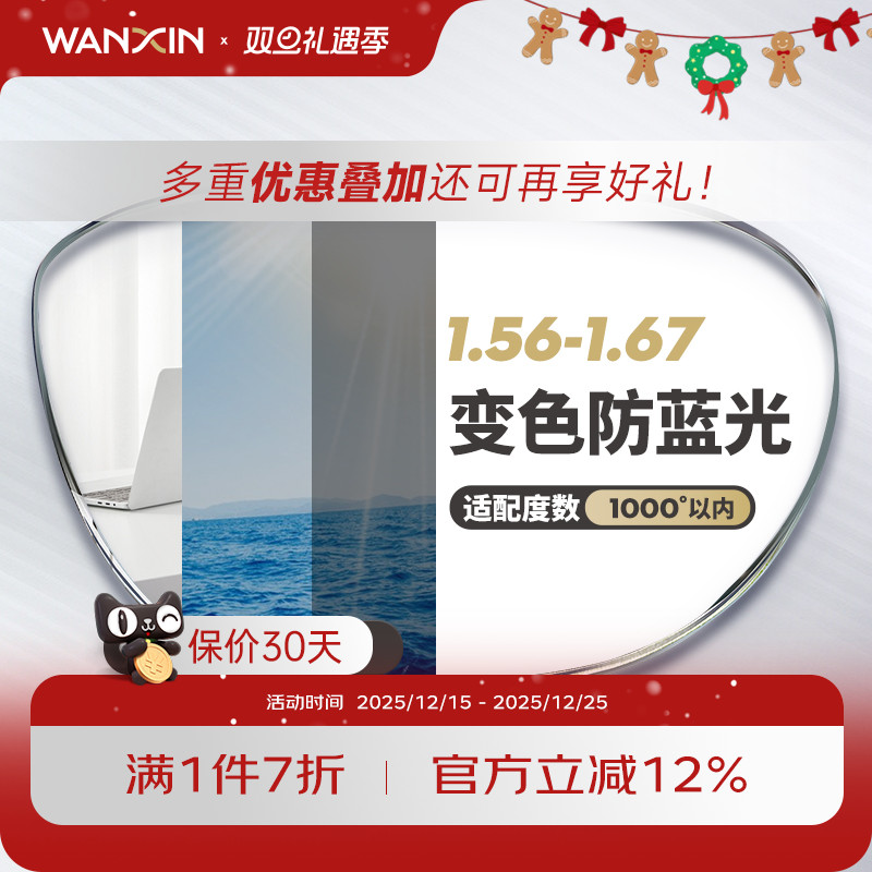 万新防蓝光变色近视镜片自动感光变色抗紫外线辐射可配无度数眼镜