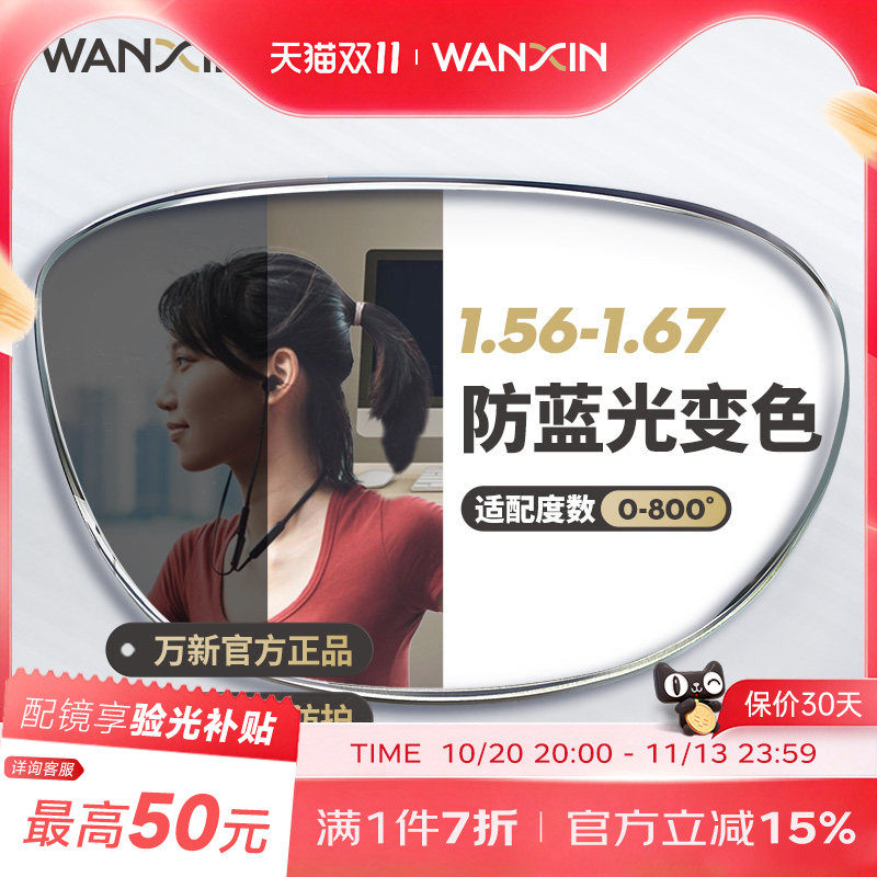 万新防蓝光变色镜片自动感光变灰非球面1.67超薄近视眼镜官方旗舰
