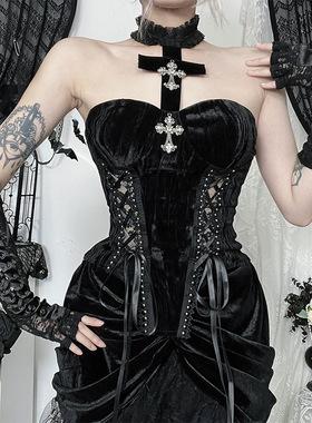 X25191亚文化新款撞色胸衣 绑带十字架暗黑风性感辣妹背心女