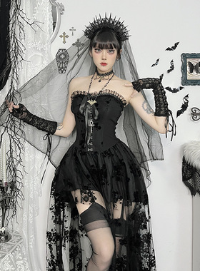 X24354秋季2024新款长裙 欧美风气质微透修身暗黑新娘网纱连衣裙