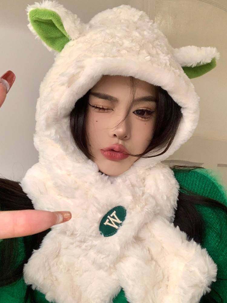 小羊帽子围巾一体女款秋冬季可爱毛茸茸连帽冬款保暖护耳2023新款