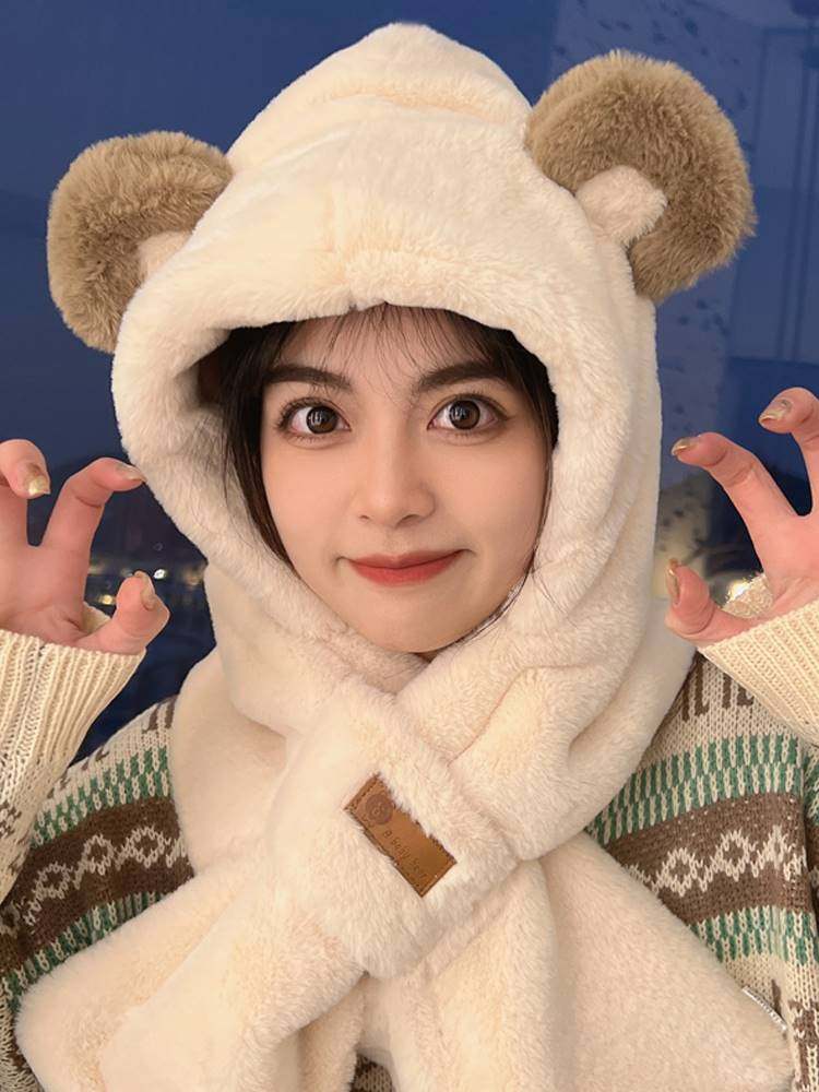 毛绒帽子围巾一体女冬款围脖小熊秋冬季骑车保暖神器护耳2023新款