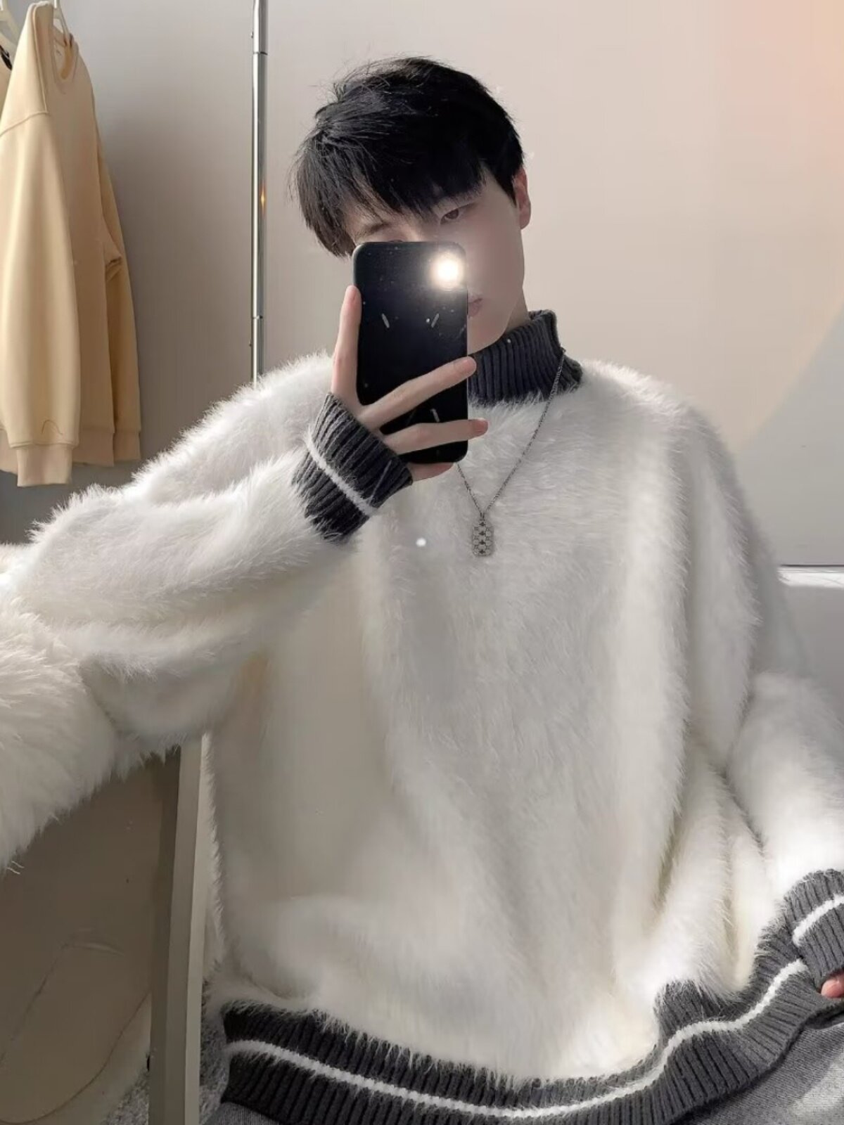 모헤어 스웨터 남성 겨울 일본식 게으른 복고풍 라운드 넥 밍크 머리 특대 커플 두꺼운 스웨터