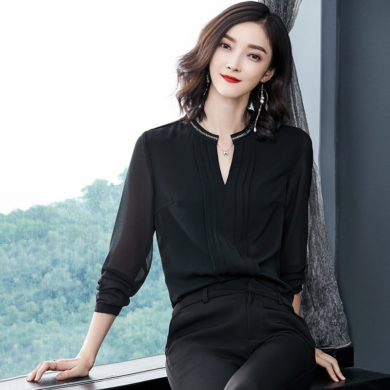 3衬衫女长袖2021年新款秋装宽松职业时尚气质上衣黑色大码雪纺衬衣