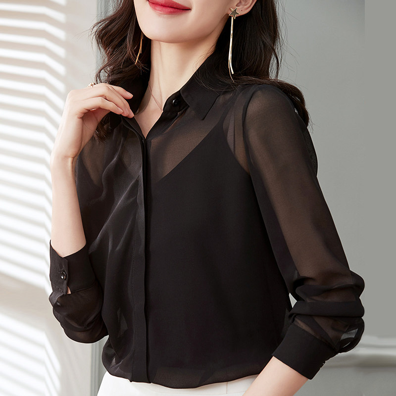 女士衬衫夏季薄款职业装雪纺长袖衬衣洋气时尚网纱黑色透视女上衣