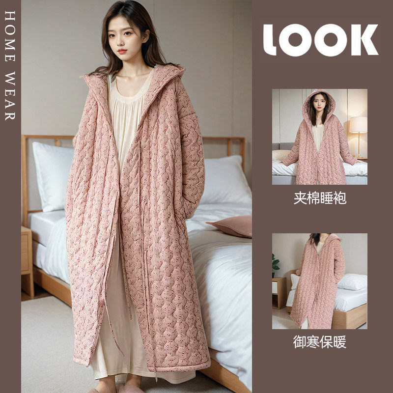 夹棉袄睡袍女秋冬季长袖三层加厚小碎花珊瑚绒连帽保暖睡衣法兰绒,女士内衣/男士内衣/家居服,睡袍/浴袍,淘宝优惠券,粉丝福利购,淘宝优惠卷