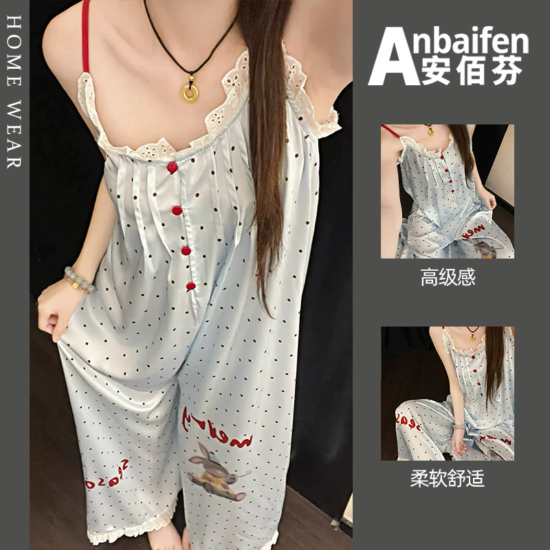 卡通波点兔子印花吊带连体长裤睡衣女夏薄款可外穿休闲透气家居服
