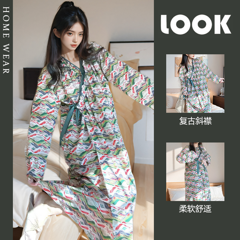 纯棉女款复古碎花长袖和服家居服