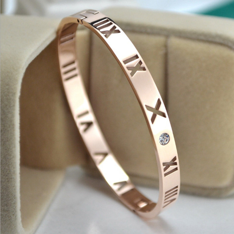 新款日韩韩版时尚18K彩V金女玫瑰金手镯镂空罗马数字带钻情侣手环