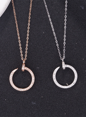 纯银钉子几何形欧美满钻吊坠项链