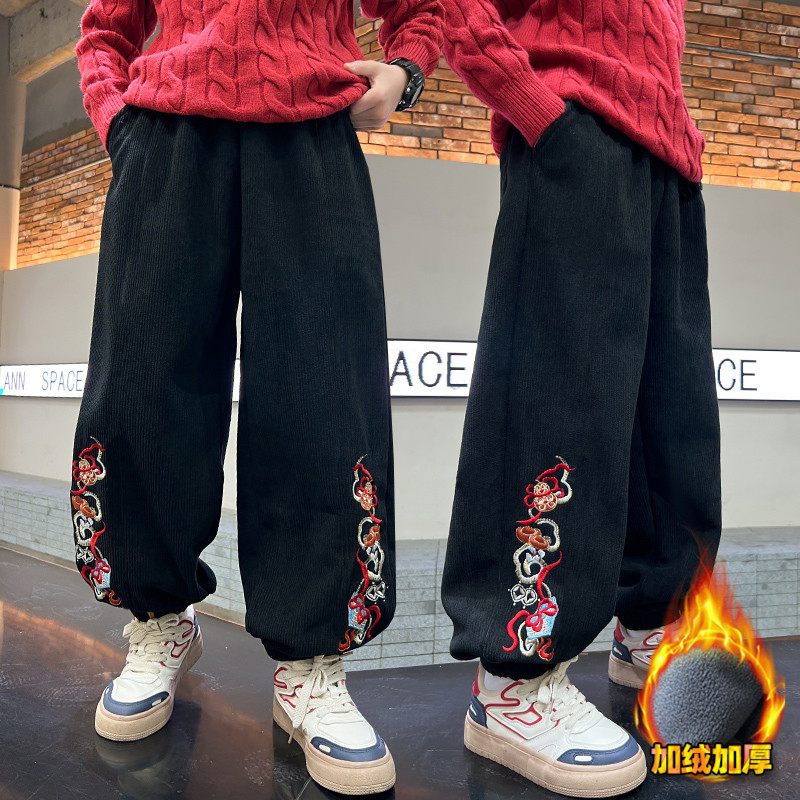 新中式刺绣束脚裤男童加绒长裤冬季保暖休闲裤黑色加厚2026年新款