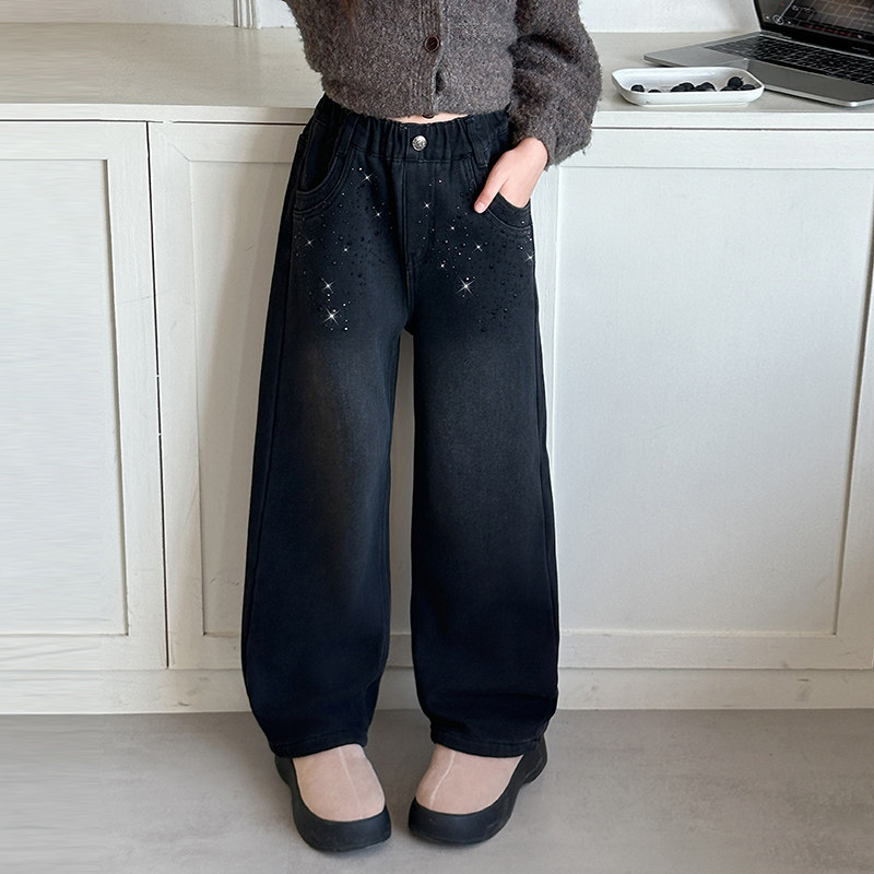 女童黑色牛仔阔腿裤水钻装饰直筒长裤百搭时尚2025新款牛仔裤洋气