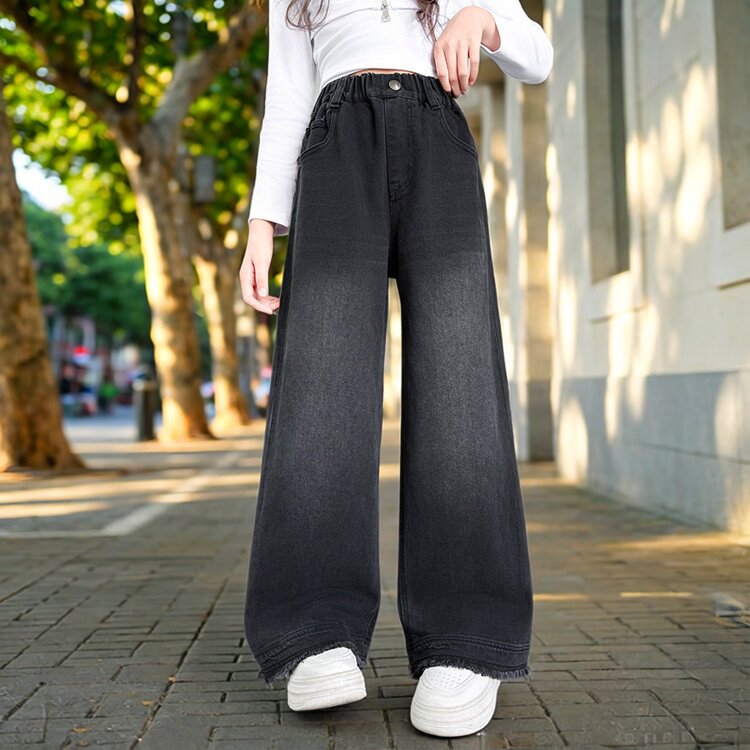 跨境女童牛仔裤2026秋季新款儿童女孩春秋裤子中大童阔腿裤子黑色