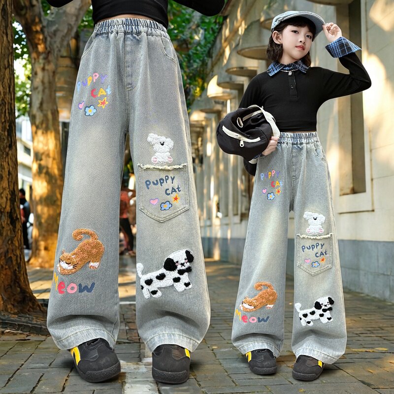 女童卡通印花阔腿牛仔裤2026新款中大童直筒长裤洋气卡通图案宽松