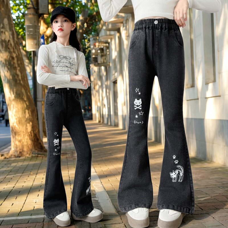 女童黑色喇叭牛仔裤春秋弹力松紧腰修身长裤中大童休闲裤子2026年