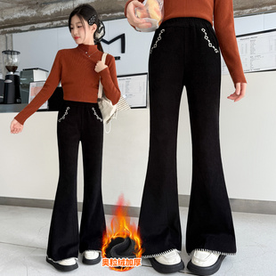 女童加绒喇叭裤秋冬新款黑色松紧腰休闲长裤加厚保暖微喇加绒裤