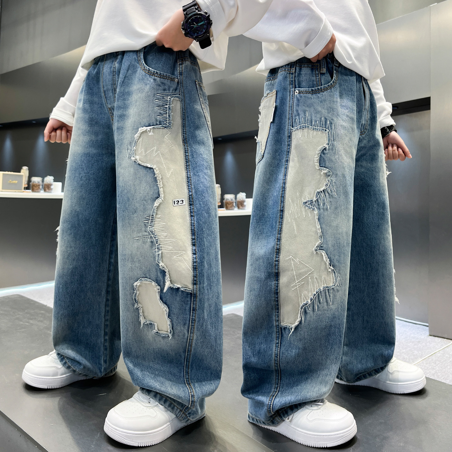 美式风破洞阔腿牛仔裤男童宽松休闲长裤潮流街头2026新款直筒做旧