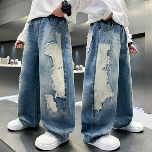 美式风破洞阔腿牛仔裤男童宽松休闲长裤潮流街头2026新款直筒做旧