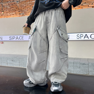工装风多口袋牛仔阔腿裤男童春秋宽松长裤帅气潮流休闲裤2026新款