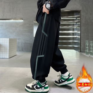 男童黑色休闲运动裤加绒加厚束脚长裤中大童秋冬保暖卫裤直筒裤