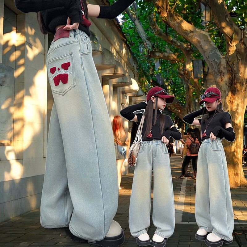 女童高腰阔腿牛仔裤2026新款宽松显瘦百搭直筒休闲长裤百搭款刺绣