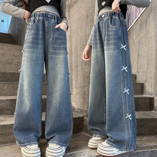 女童牛仔裤2026新款中大童高腰宽松阔腿裤洋气蝴蝶结长裤直筒休闲