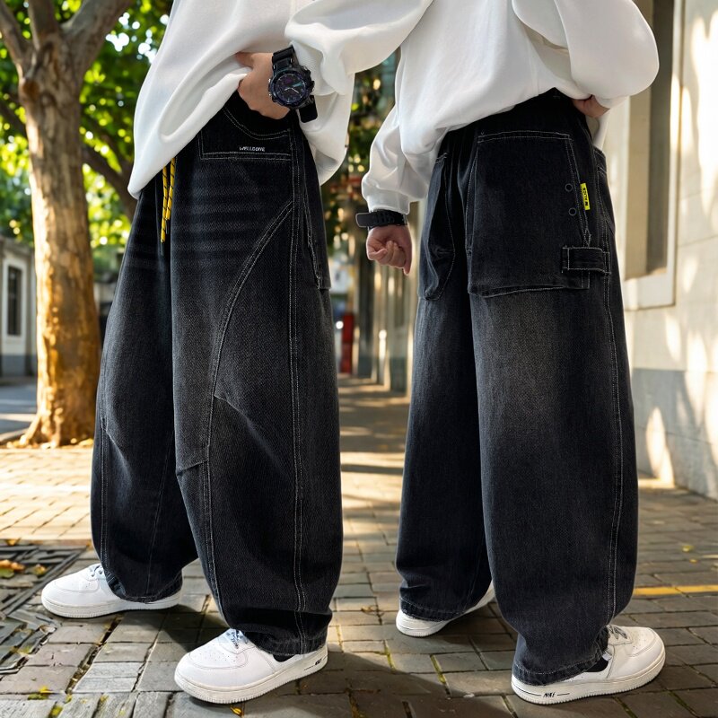 男童直筒牛仔裤春秋宽松中大童韩版休闲长裤黑色阔腿裤工装裤2026