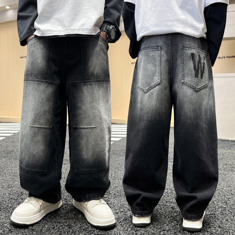 男童直筒牛仔裤黑色休闲长裤中大童垂感裤子春秋款2026新款阔腿裤