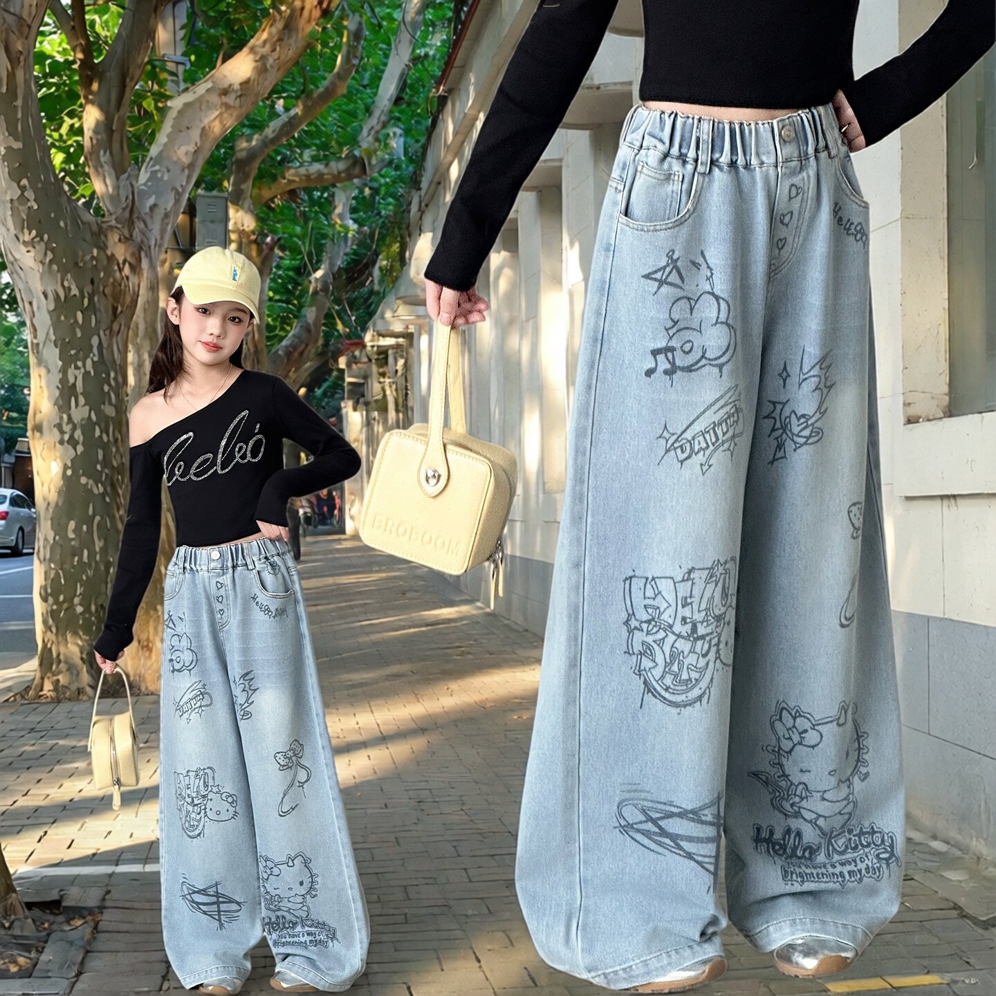 女童涂鸦印花牛仔裤春秋新款洋气时髦阔腿裤韩式休闲百搭长裤2026