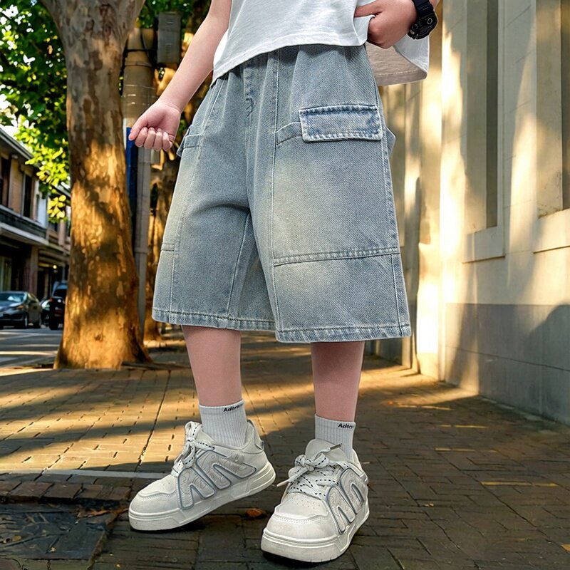 潮牌男童蓝色工装牛仔短裤2026新款中大童五分裤儿童男孩宽松裤子