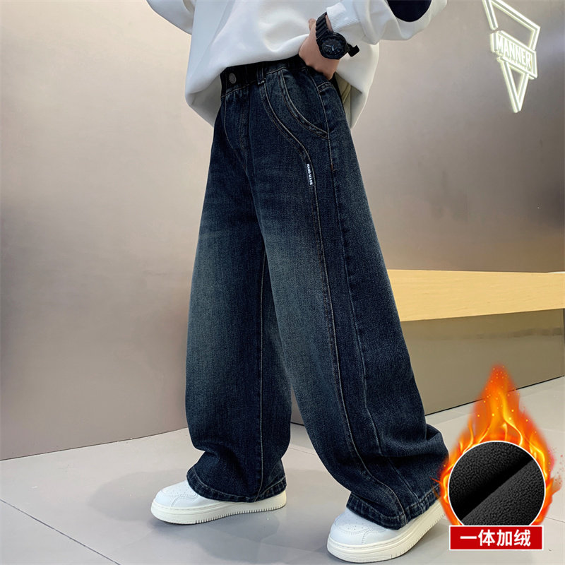男童加绒牛仔裤秋冬款中大童宽松直筒长裤休闲百搭阔腿裤2026新款