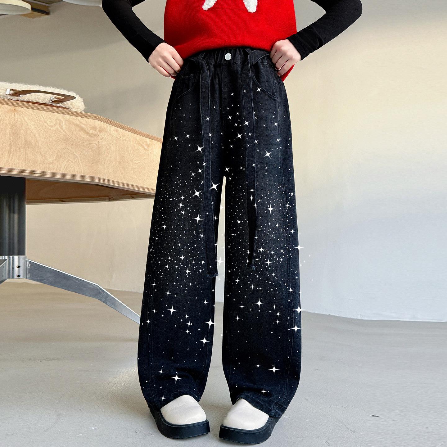 女童满天星牛仔裤黑色阔腿裤休闲百搭直筒长裤时尚潮流2026年新款