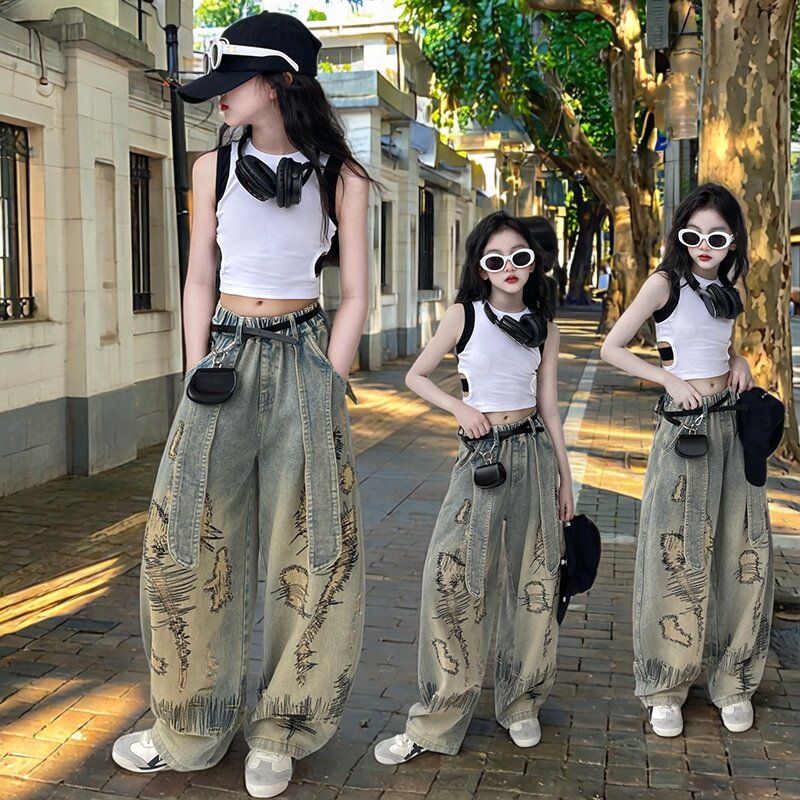 女童牛仔裤夏季薄款2026新款儿童洋气时髦阔腿裤直筒时髦炸街裤子