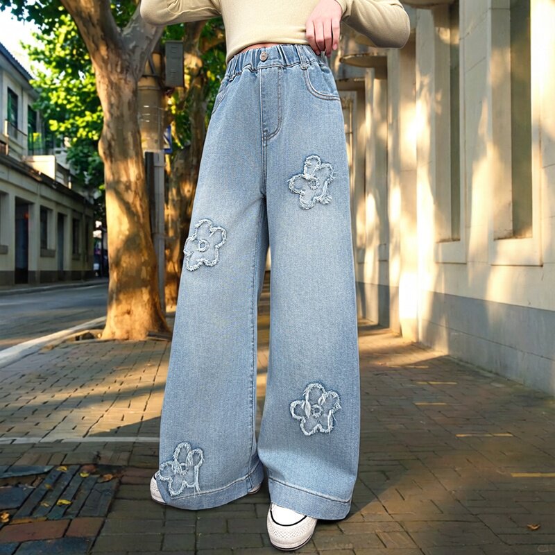 女童裤子春季2026新款女孩大童阔腿裤初中生春装超好看直筒牛仔裤