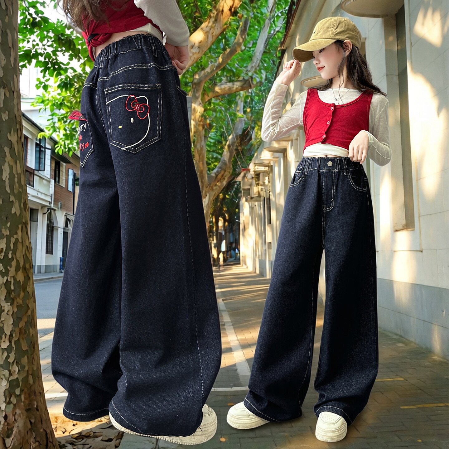 女大童深蓝色牛仔阔腿裤春秋新款洋气休闲直筒长裤松紧腰2026新款