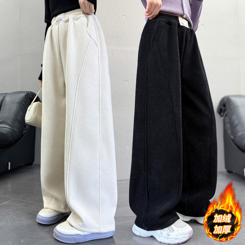 女童冬季加绒阔腿裤保暖加厚休闲长裤松紧腰直筒裤运动裤卫裤2026